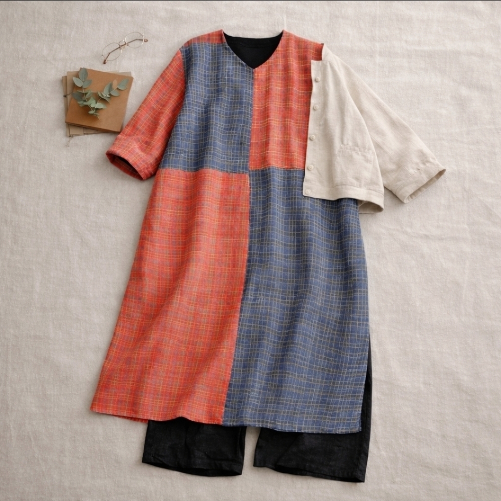 Mordenmiss Artisan Linen Patchwork Dress | Oversized Wabi-Sabi 26” P2P - Picture 1 of 12